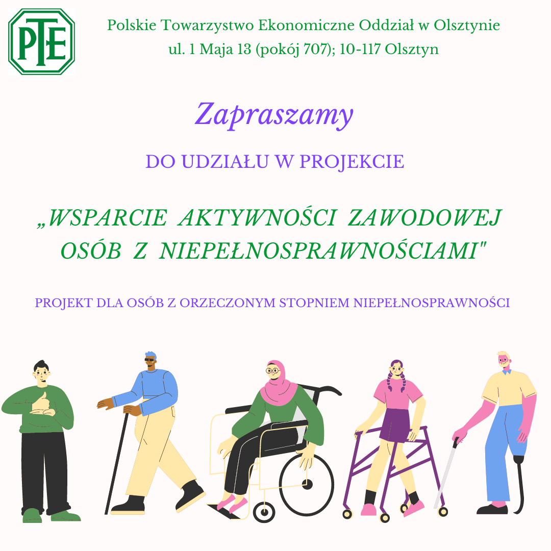 Plakat promujący projekt przedstawiający osoby z różnymi niepełnosprawnościami