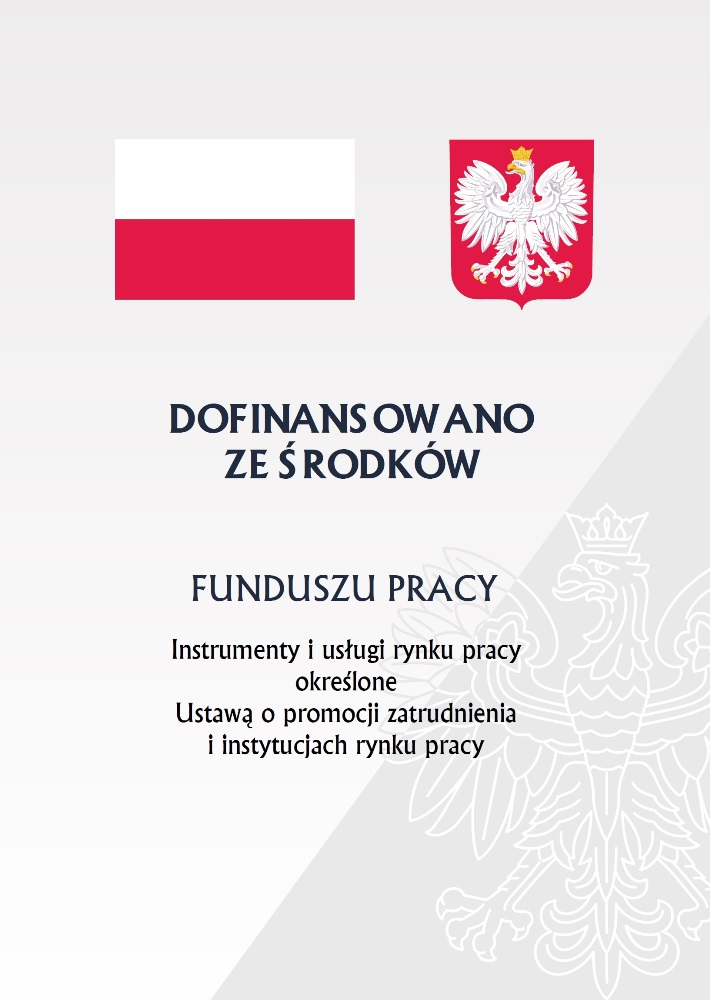 Plakat informujący o środkach Funduszu Pracy, zawierający flagę Polski i godło