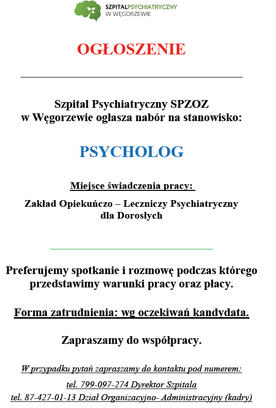 Obraz przedstawiający ofertę pracy dla Psychologa